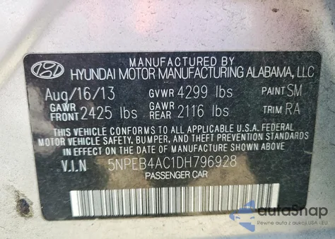 2013 Hyundai Sonata Gls из США, поврежденный, VIN 5NPEB4AC1DH796928